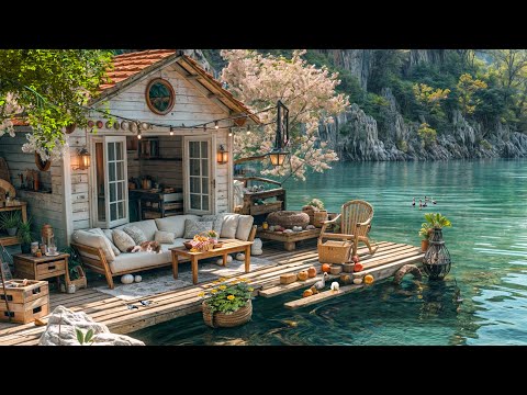 Beautiful 4K Spring Morning Creates the Perfect Morning Atmosphere on a Lakeside Wooden Deck, Relax