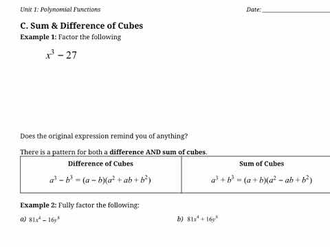 Factoring Polynomials: Sum & Difference of Cubes (MHF4U)