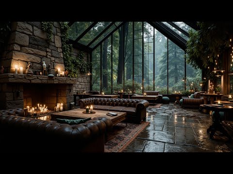 Cozy Cabin Cafe Ambience | Rainy Forest Rain Sounds Smooth Jazz for Deep Relaxation 🌧️