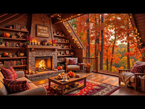 Cozy Porch Escape 🍂 Morning Autumn Jazz with Crackling Fireplace & Therapy Sounds for Relaxation