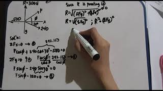 Determine the F and Theta for concurrent forces when Resultant is along Y axis.