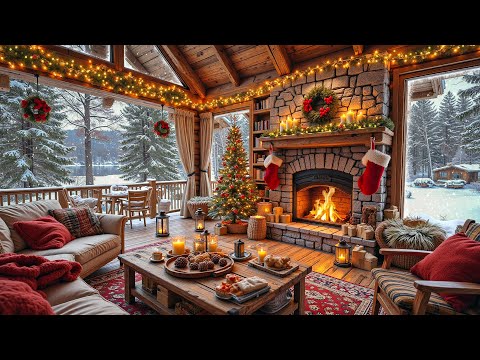 Warm Fireplace Ambience in Snowy Porch 🔥 Soft Piano Jazz Music & Snowfall for Peaceful Holiday