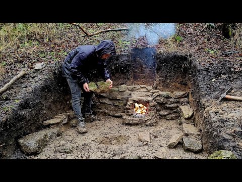 Underground Shelter, Building Alone : Winter camping building shelter / Warm cabin with stove
