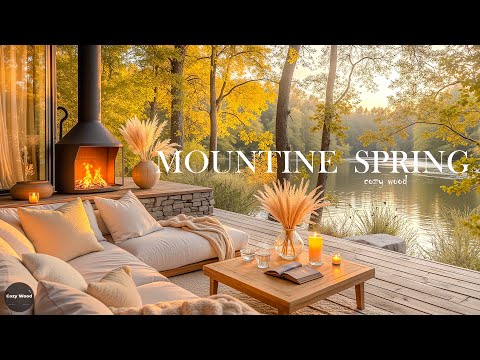 4K Ourdoor Coffee Shop In Forest ☕ Warm Balcony with Smooth Jazz and Fireplace Ambience