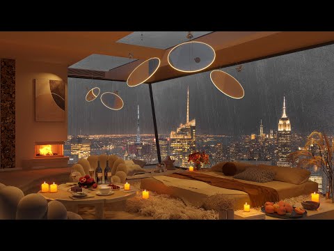 🌧️ Cozy Rain in the Cozy Bedroom of New York in Fireplace Ambience with Smooth Jazz Music for Sleep