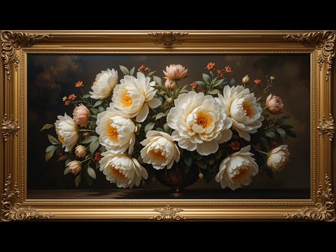 Gold Framed Vintage | White & Orange Floral Vintage Painting | Framed TV Art Screensaver