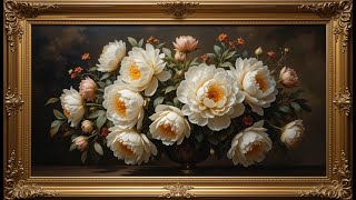 Gold Framed Vintage | White & Orange Floral Vintage Painting | Framed TV Art Screensaver