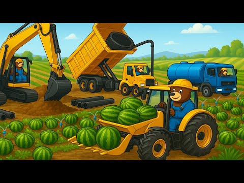 Sowing And Harvesting Watermelon On Farm - Tractor, Excavator | Farm Vehicles Animation