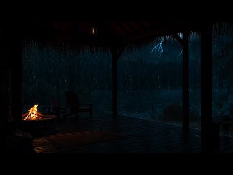 🌧️🔥Serene Lakeside Cabin Porch at Night⚡Crackling Fire, Heavy Rain & Distant Thunder for Deep Sleep