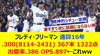 フレディ・フリーマン 通算16年 .300(8114-2431) 367本 1322点 出塁率.386 OPS.897←これw【ネット反応集】
