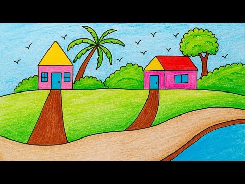 How to draw a beautiful house scenery riverside ll step by step drawing tutorial for beginners 