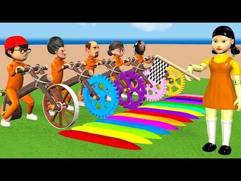 Scary Teacher 3D vs Squid Game  Challenge Wooden Bike and Color Race Lever Max Nick and Tani Win