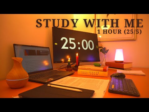 1-Hour Study With Me in Rain  🌧 | Pomodoro 25/5 |  Fire Crackling 🔥