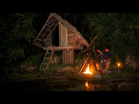 Solo Overnight in Wood shelter | Survival Fishing with Bamboo Rod