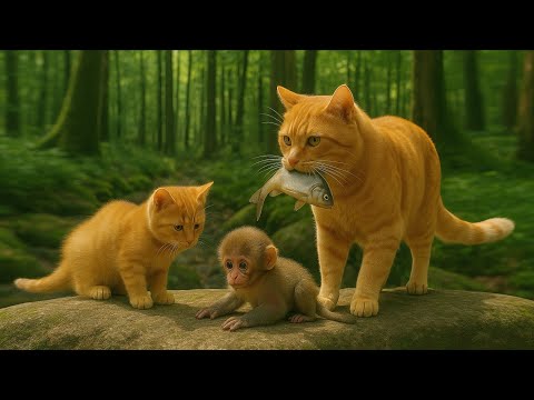 Mama Cat Takes Kittens to Survive in the Deep Jungle and Helps Trapped Baby Monkey | Cat Story