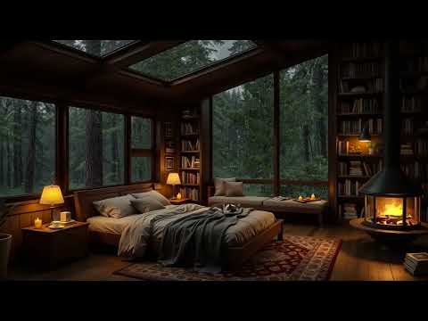Cozy Room with a View of the Forest ️- Smooth Jazz & Rain and Fireplace Sound for Deep Sleep
