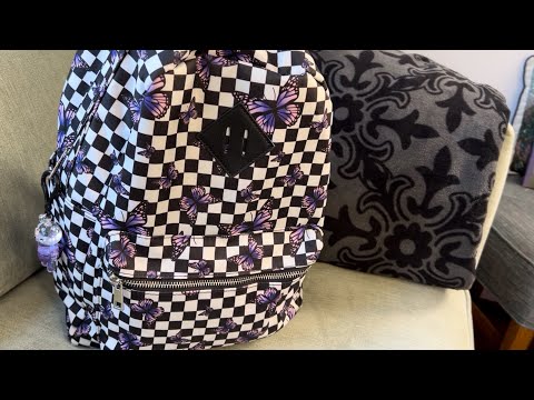 What’s in my PURPLE BUTTERFLY CHECKERED BACKPACK💜🖤🤍#whatsinmybag #catherinescastle