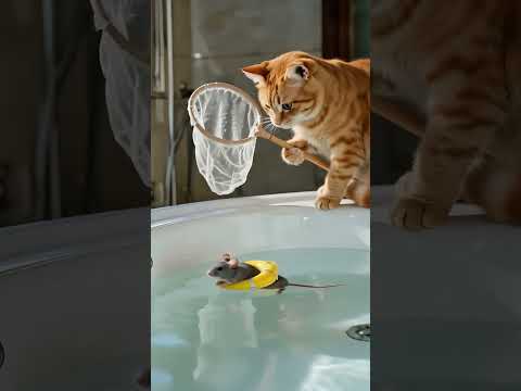 Cat’s Here! 😼🐭 But the Mouse Keeps Swimming?! 🌊बिल्ली आ गई! 😼🐭 लेकिन चूहा तैरता ही #tabbycat #बिल्ली