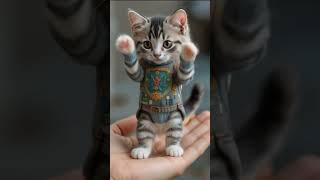 A small programmer cat in youth clothes dances on your palm