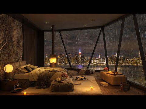 Cozy Bedroom with a Rainy Night View of the Chicago City 🌧️ Smooth Piano Jazz Music to Relax & Sleep