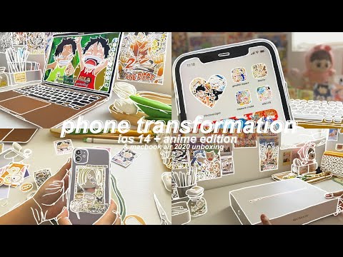 anime phone transformation 🌈 — ios 14 aesthetic + macbook air 2020 unboxing and accessories 💻🍃