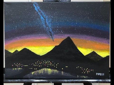 Mountain Sunset on a Starry Sky Acrylic Painting  for Beginners