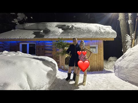 Cozy night with my wife in a wooden house. Off grid cabin. Hot sauna
