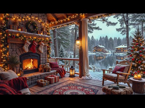 Cozy Winter Porch Escape by the Lakeside ❄️ Christmas Piano Jazz with Fireplace Ambience for Unwind