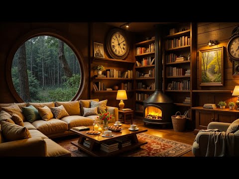 Smooth Jazz Music - Cozy Rustic Cabin Ambience with Fireplace Sounds & Rainfall on Window for Study
