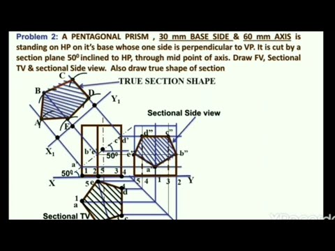 A pentagonal prism 30 mm base side and 60 mm axis is standing on HP. Draw F.V., Sectional Top View