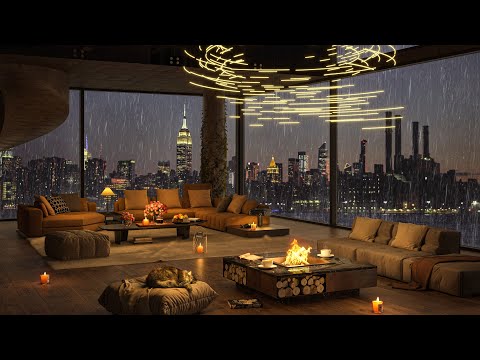 🌧️ Beautiful Rainy Night New York City at Cozy Luxury Apartment with Soft Piano Jazz Music for Sleep