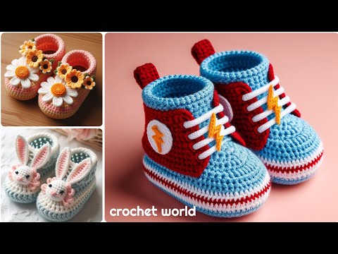 Crochet baby shoes model knitted with wool. Beautiful crochet baby shoes design.
