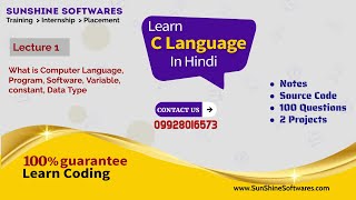 C Language Tutorial in Hindi for Beginners with Notes and Program Lecture 1