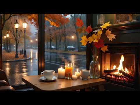 Autumn Rainy Street Jazz ☔ Cozy Piano & Fireplace Ambience for Relaxing | Cozy Coffee Jazz