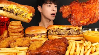 ASMR MUKBANG FRIED CHICKEN & CHEESE STEAK SANDWICH & DOUBLE CHEESE BURGER & ONION RINGS & FRIES