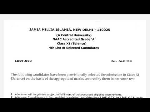 4th list of selected candidates of Jamia Millia Islamia class 11 science entrance 2020 -2021.