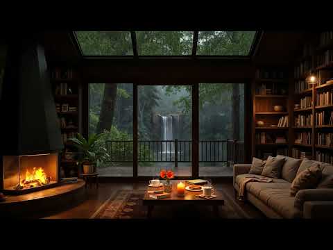 Forest Rain & Soothing Jazz Piano Music - Cozy Cabin with Crackling Fireplace for Relieve Stress