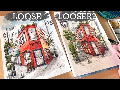 One building, two sketching techniques| Loose ink and watercolor sketching | A Tokyo street corner