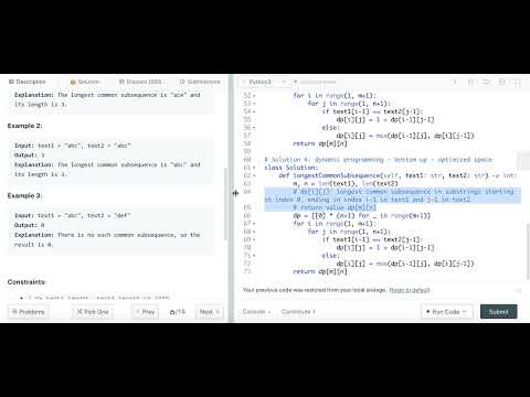 Longest Common Subsequence - Leetcode 1143 - Dynamic Programming Optimized Space - Python