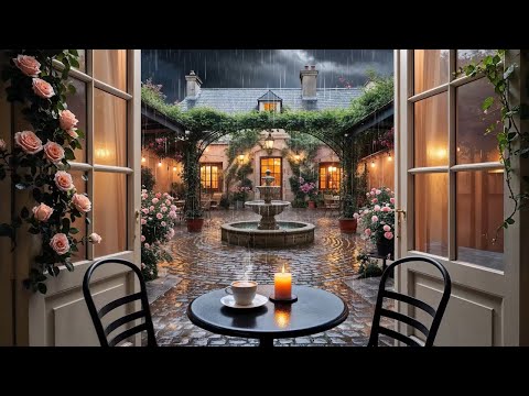 Rainy Garden Coffee Shop Ambience🌹 Rain and Thunder Sounds for Sleep or Focus 🌧️ Cozy Relaxing Cafe