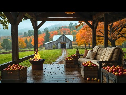 Rainy Fall Day on a Cozy Farm Porch 🍂 Autumn Apple Picking 🍎 Ambient Rain & Fire Sleep Sounds
