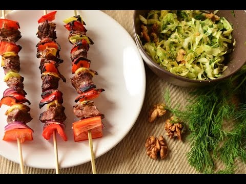 Beef and Vegetable Skewers with Cabbage Salad and Walnuts Recipe (30 Minutes)