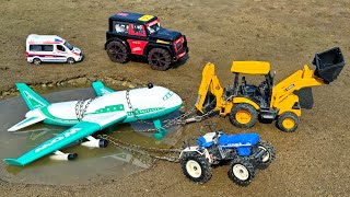 JCB Tractor Cartoon Video | Heavy Aeroplane Muddy Accident Pulling Out Tractor JCB 3DX | AJ TOYS