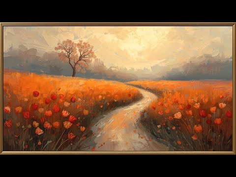 Terracotta Orange & Sage Green Tulip Field | Warm Neutral Landscape Art for Frame TV