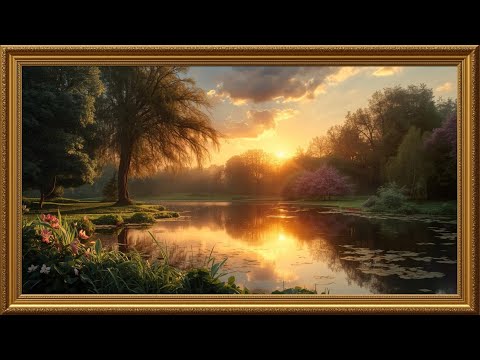 Framed TV Art 4K| Golden Pond at Sunset | Serene Vintage Oil Painting for TV