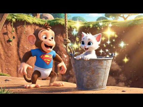 Baby Monkey Uses a Bucket to Save a Kitten | Kids Storytime