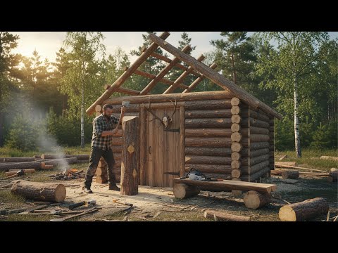 Man Builds a Log House Alone in the Forest | Start to Finish