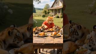 Epic Friendship: Orange Cat Eats with Tiger Cubs 🐱❤️🐯 #orangecat #catmemes #tigercubs #catandtiger