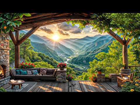 Spring Morning Over the Mountain Lake🌄Cozy Balcony, Birdsong & Cherry Blossoms | Relaxing 4K Nature