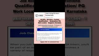 Cred is hiring QA internship | for frontend Role #fresherjobs #jobsearch #jobopenings #internship